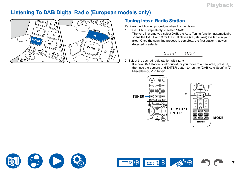 Listening to dab digital radio, European models only), Tuning into a radio station | Onkyo TX-NR7100 9.2-Channel THX-Certified Network AV Receiver User Manual | Page 71 / 191