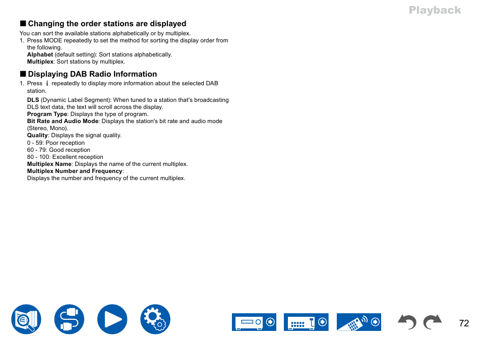 Playback, Changing the order stations are displayed, Displaying dab radio information | Onkyo TX-NR7100 9.2-Channel THX-Certified Network AV Receiver User Manual | Page 72 / 191