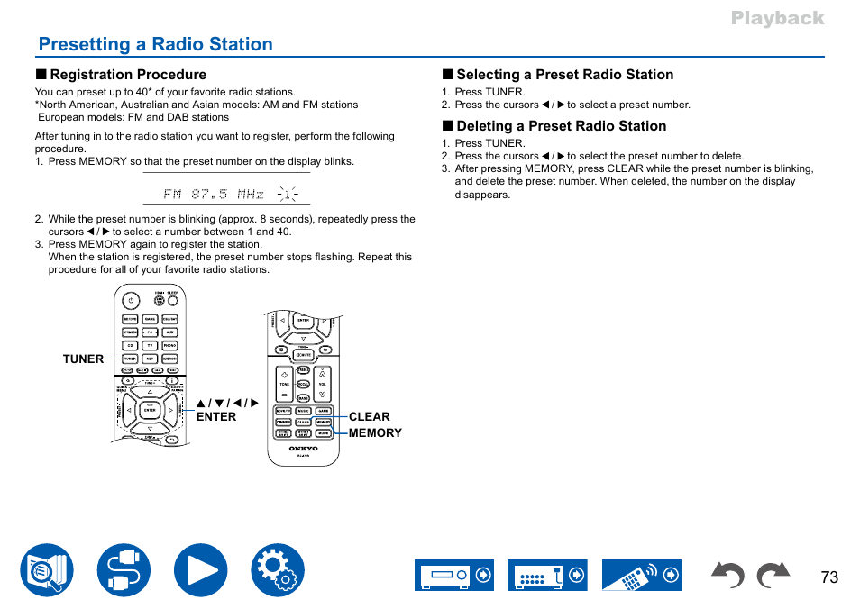 Presetting a radio station, Playback presetting a radio station | Onkyo TX-NR7100 9.2-Channel THX-Certified Network AV Receiver User Manual | Page 73 / 191