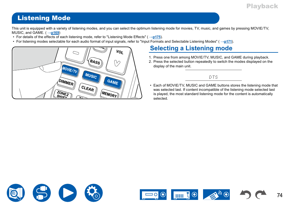 Listening mode, Selecting a listening mode, Playback | Onkyo TX-NR7100 9.2-Channel THX-Certified Network AV Receiver User Manual | Page 74 / 191