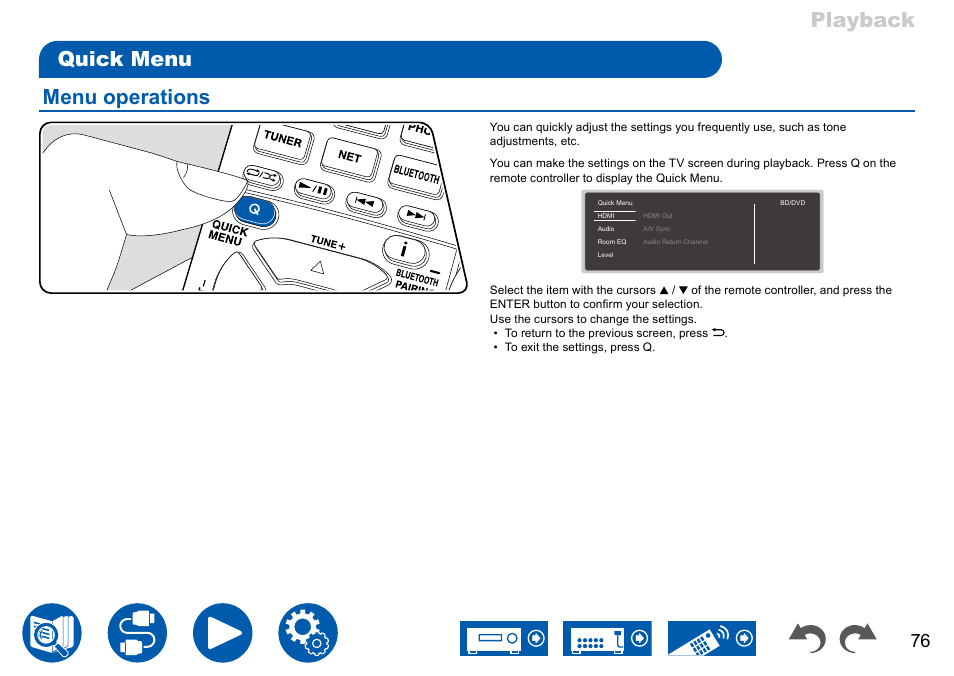 Quick menu, Menu operations, Playback menu operations | Onkyo TX-NR7100 9.2-Channel THX-Certified Network AV Receiver User Manual | Page 76 / 191