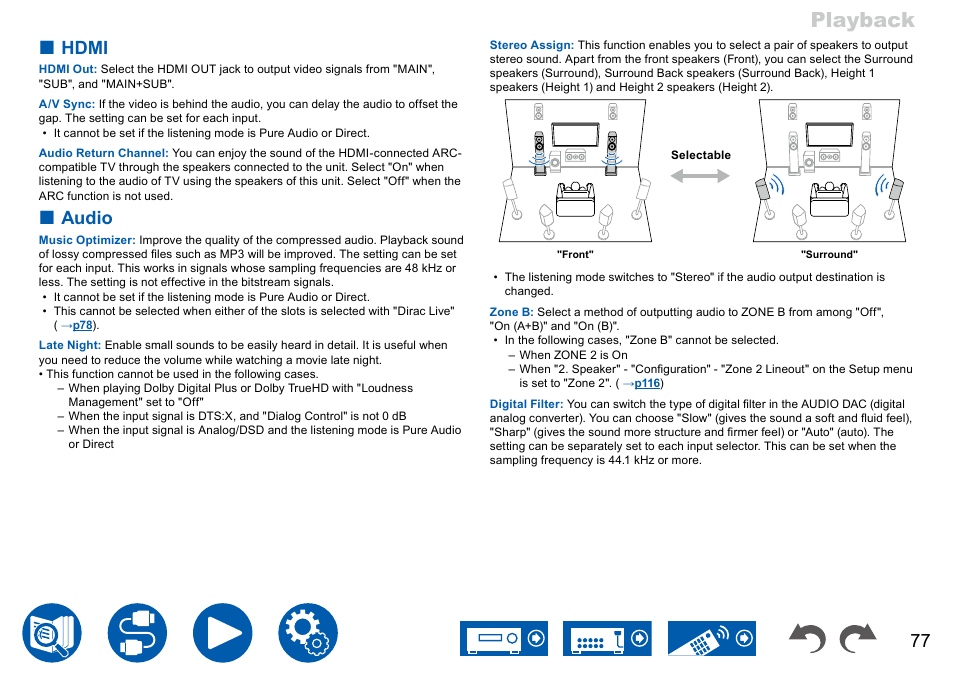 Playback, Hdmi, Audio | Onkyo TX-NR7100 9.2-Channel THX-Certified Network AV Receiver User Manual | Page 77 / 191