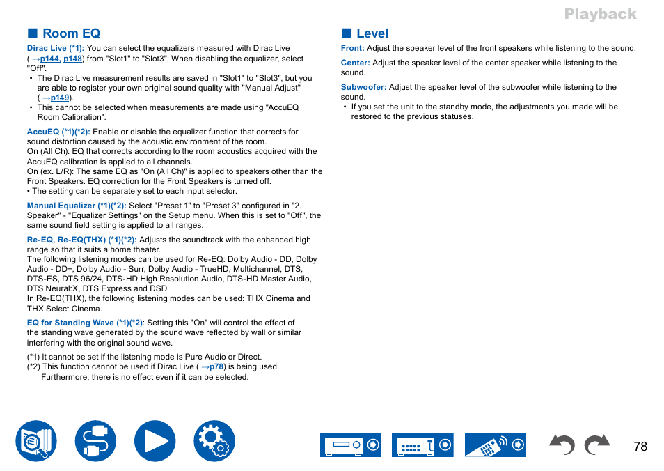 Playback, Room eq, Level | Onkyo TX-NR7100 9.2-Channel THX-Certified Network AV Receiver User Manual | Page 78 / 191