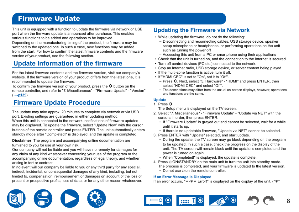 Firmware update, Update information of the firmware, Firmware update procedure | Updating the firmware via network | Onkyo TX-NR7100 9.2-Channel THX-Certified Network AV Receiver User Manual | Page 8 / 191