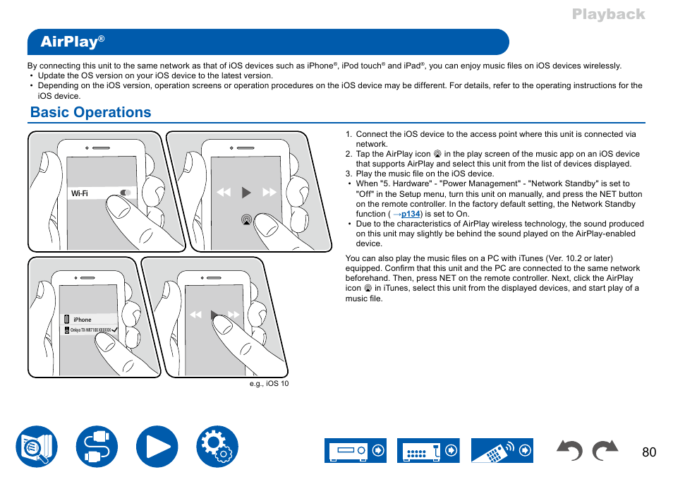 Airplay, Basic operations, Playback airplay | Onkyo TX-NR7100 9.2-Channel THX-Certified Network AV Receiver User Manual | Page 80 / 191