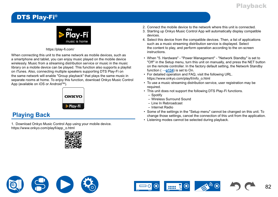 Dts play-fi, Playing back, Playback dts play-fi | Onkyo TX-NR7100 9.2-Channel THX-Certified Network AV Receiver User Manual | Page 82 / 191