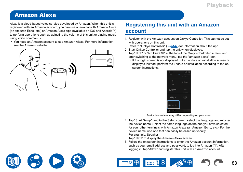 Amazon alexa, Registering this unit with an amazon account, Playback | Onkyo TX-NR7100 9.2-Channel THX-Certified Network AV Receiver User Manual | Page 83 / 191