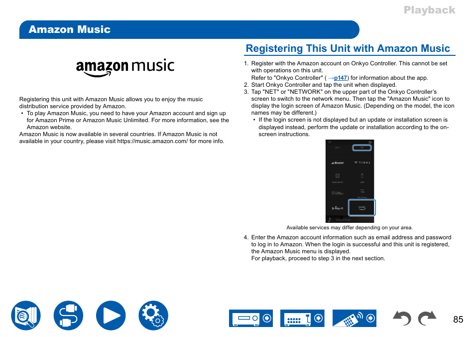 Amazon music, Registering this unit with amazon music, Playback amazon music | Onkyo TX-NR7100 9.2-Channel THX-Certified Network AV Receiver User Manual | Page 85 / 191