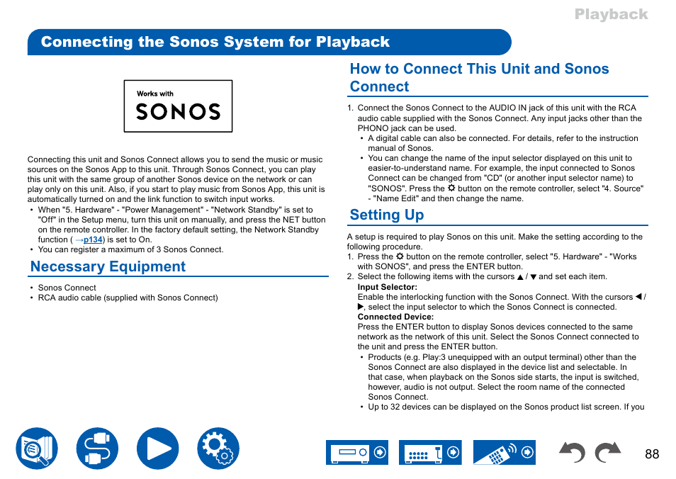 Connecting the sonos system for playback, Necessary equipment, How to connect this unit and sonos connect | Setting up, Playback connecting the sonos system for playback | Onkyo TX-NR7100 9.2-Channel THX-Certified Network AV Receiver User Manual | Page 88 / 191