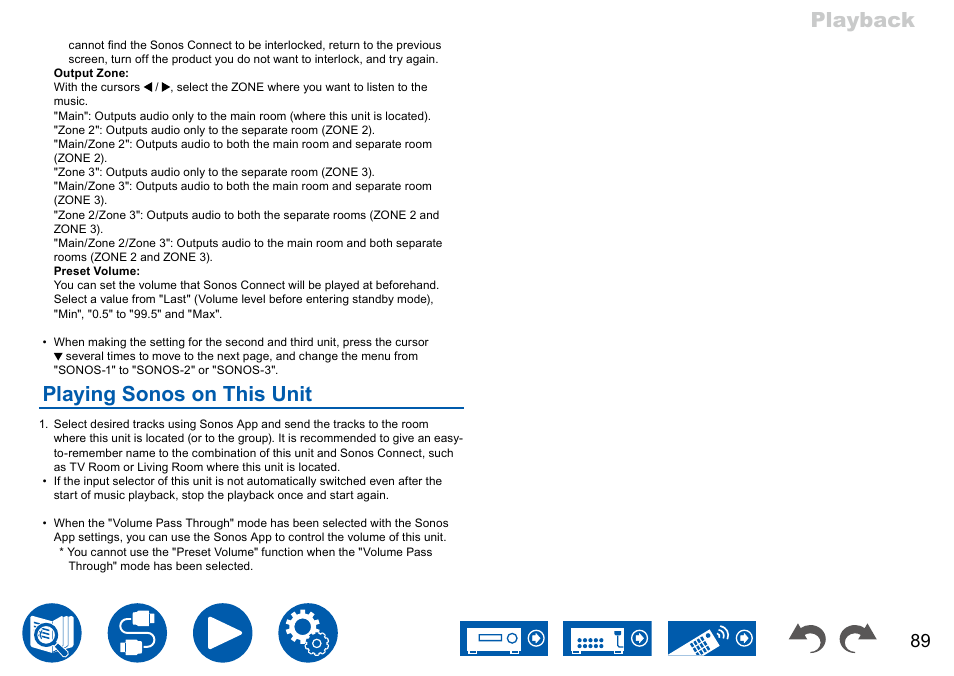 Playing sonos on this unit, Playback | Onkyo TX-NR7100 9.2-Channel THX-Certified Network AV Receiver User Manual | Page 89 / 191