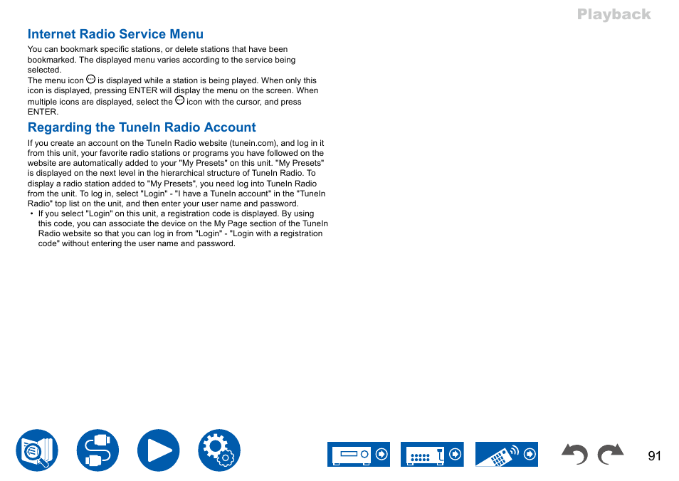 Playback, Internet radio service menu, Regarding the tunein radio account | Onkyo TX-NR7100 9.2-Channel THX-Certified Network AV Receiver User Manual | Page 91 / 191