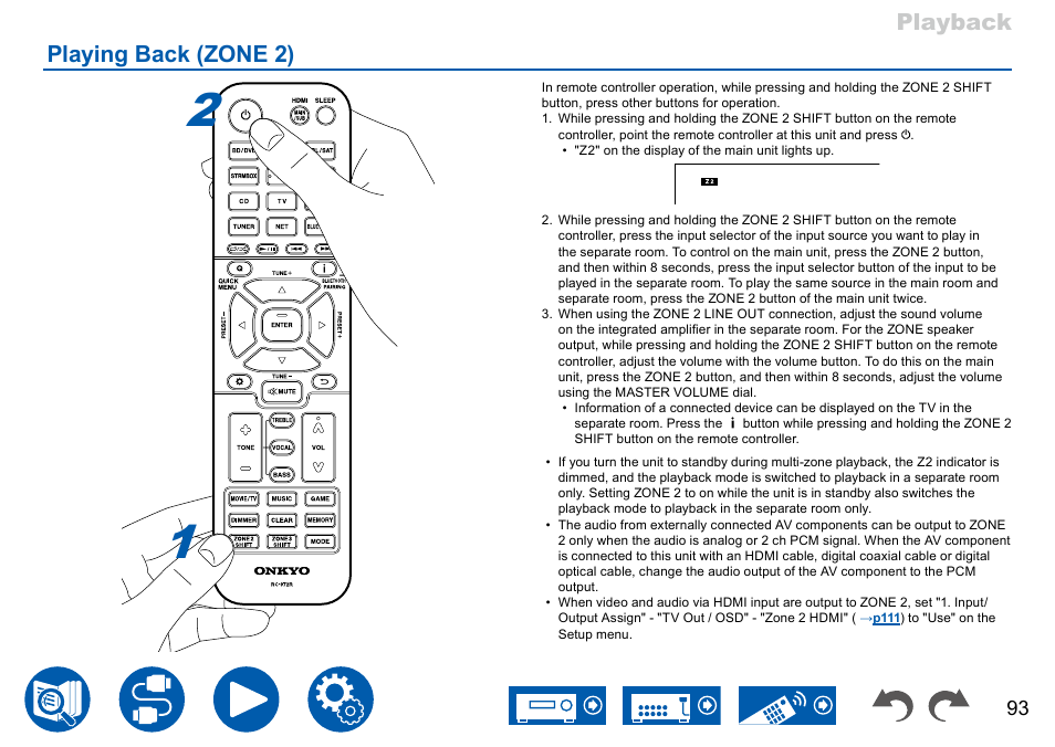 Playing back (zone 2), Playback playing back (zone 2) | Onkyo TX-NR7100 9.2-Channel THX-Certified Network AV Receiver User Manual | Page 93 / 191