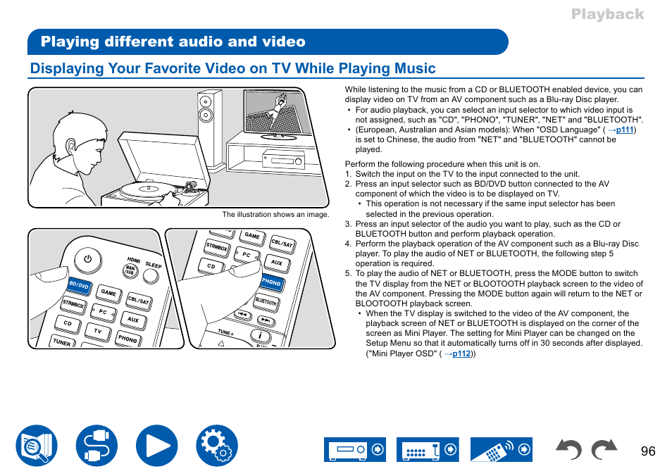 Playing different audio and video, Displaying your favorite video on tv while playing, Music 96 | Onkyo TX-NR7100 9.2-Channel THX-Certified Network AV Receiver User Manual | Page 96 / 191