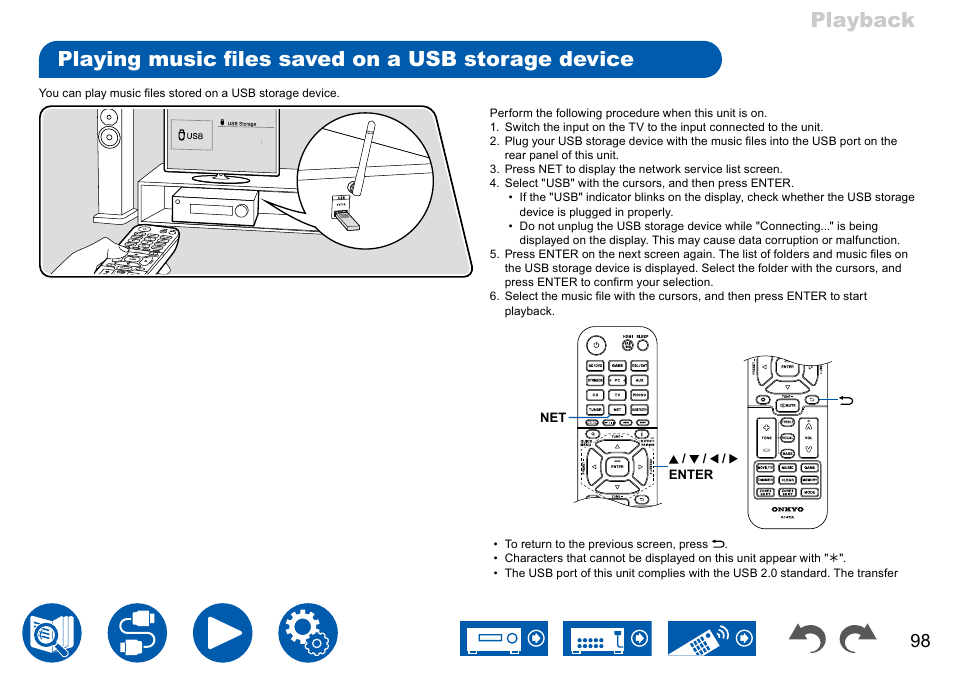 Playing music files saved on a usb storage device | Onkyo TX-NR7100 9.2-Channel THX-Certified Network AV Receiver User Manual | Page 98 / 191