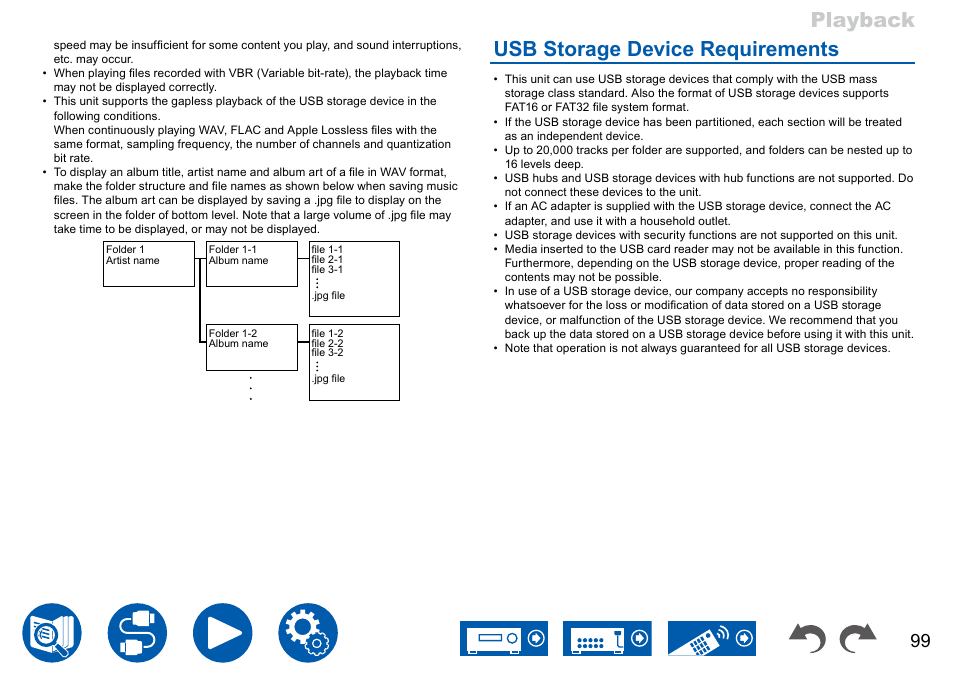 Usb storage device requirements, Playback | Onkyo TX-NR7100 9.2-Channel THX-Certified Network AV Receiver User Manual | Page 99 / 191