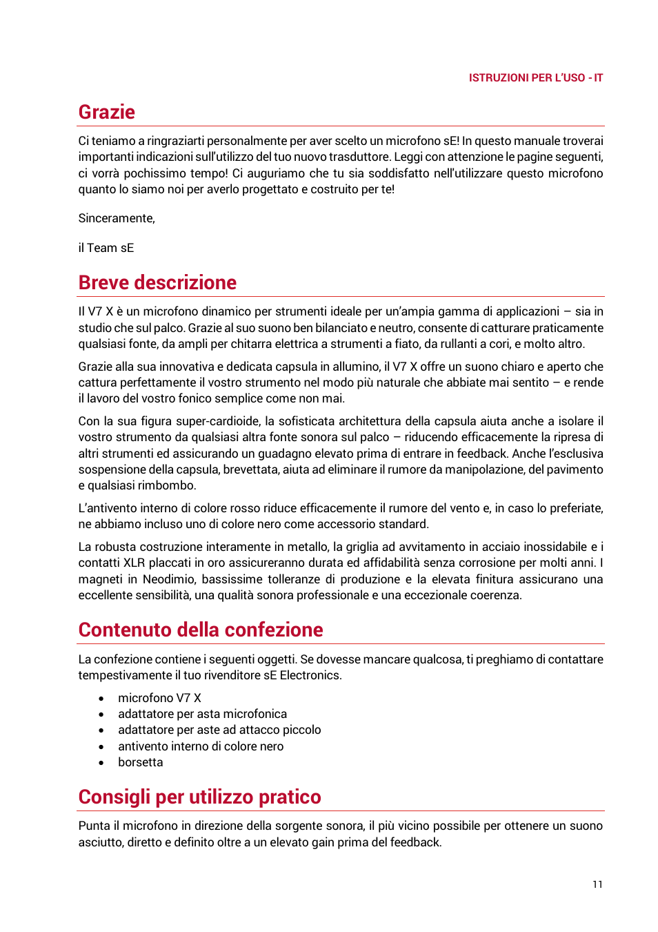 Grazie, Breve descrizione, Contenuto della confezione | Consigli per utilizzo pratico | sE Electronics V7 X Supercardioid Dynamic Instrument Microphone User Manual | Page 11 / 24