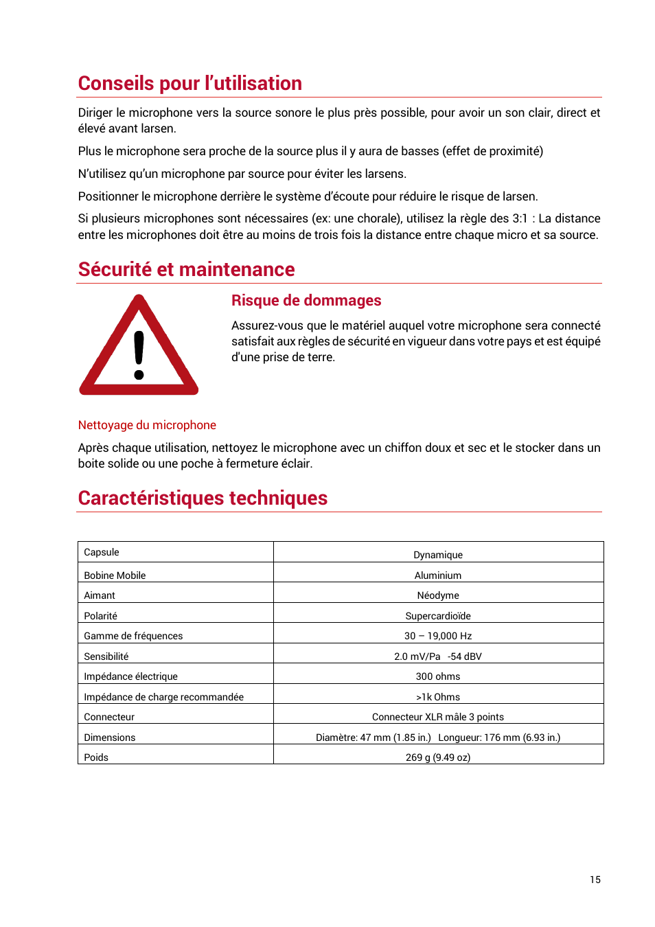 Conseils pour l’utilisation, Sécurité et maintenance, Caractéristiques techniques | Risque de dommages | sE Electronics V7 X Supercardioid Dynamic Instrument Microphone User Manual | Page 15 / 24