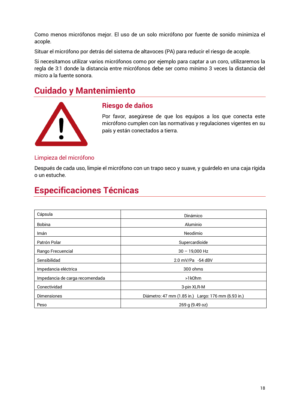 Cuidado y mantenimiento, Especificaciones técnicas, Riesgo de daños | sE Electronics V7 X Supercardioid Dynamic Instrument Microphone User Manual | Page 18 / 24