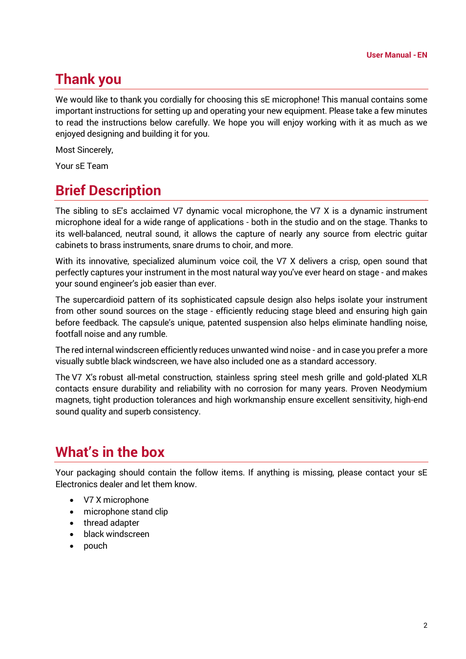 Brief description, What’s in the box | sE Electronics V7 X Supercardioid Dynamic Instrument Microphone User Manual | Page 2 / 24