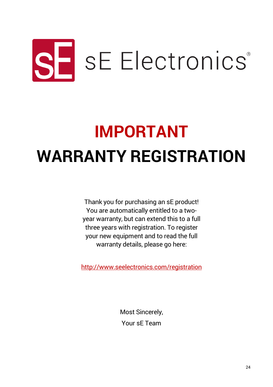 Important warranty registration | sE Electronics V7 X Supercardioid Dynamic Instrument Microphone User Manual | Page 24 / 24