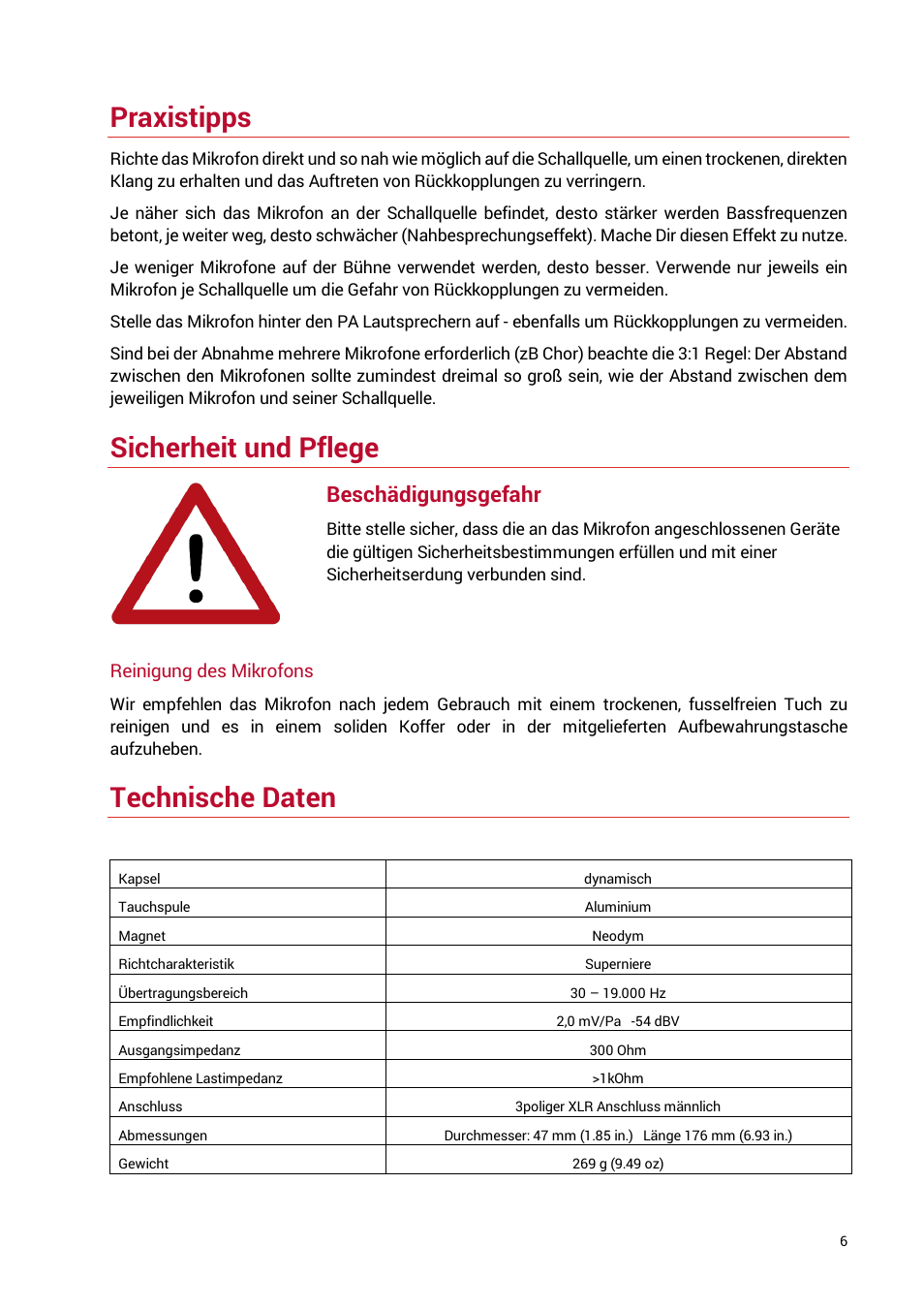 Praxistipps, Sicherheit und pflege, Technische daten | Beschädigungsgefahr | sE Electronics V7 X Supercardioid Dynamic Instrument Microphone User Manual | Page 6 / 24