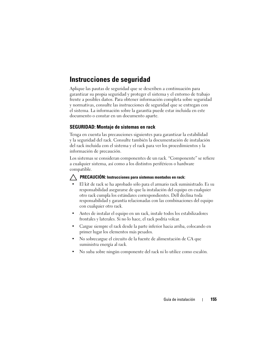 Instrucciones de seguridad, Seguridad: montaje de sistemas en rack | Dell PowerEdge 4220 User Manual | Page 157 / 190