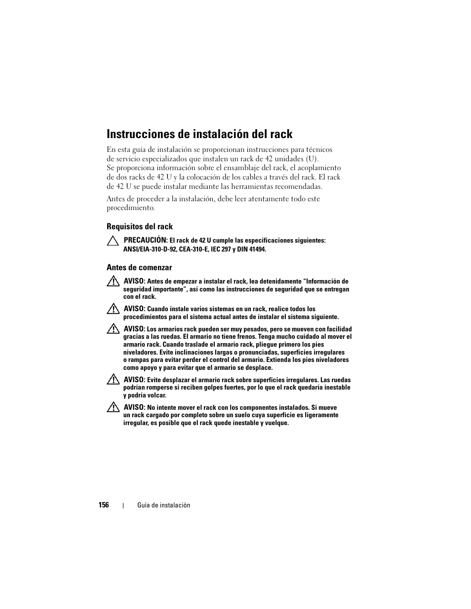 Instrucciones de instalación del rack, Requisitos del rack, Antes de comenzar | Dell PowerEdge 4220 User Manual | Page 158 / 190