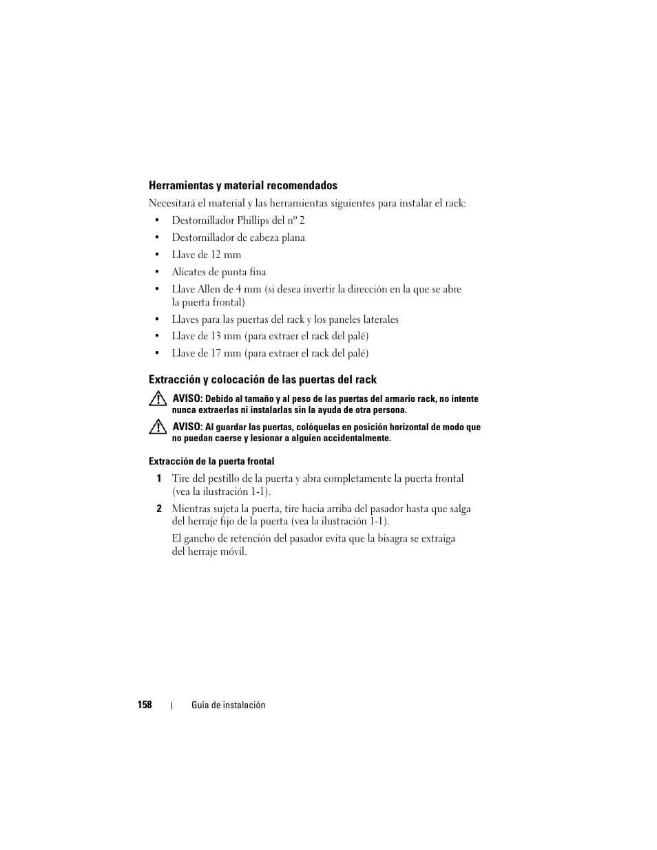 Herramientas y material recomendados, Extracción y colocación de las puertas del rack | Dell PowerEdge 4220 User Manual | Page 160 / 190