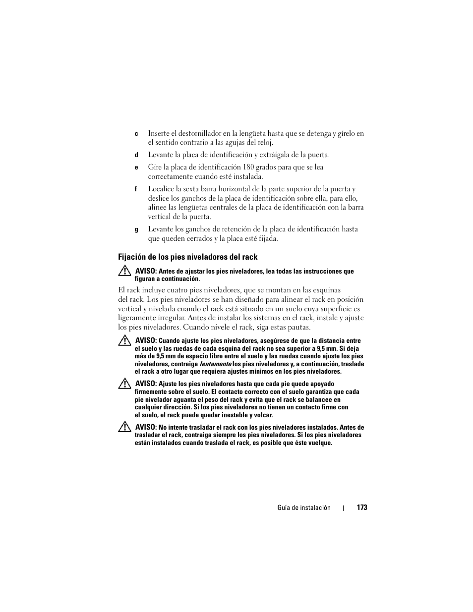 Fijación de los pies niveladores del rack | Dell PowerEdge 4220 User Manual | Page 175 / 190