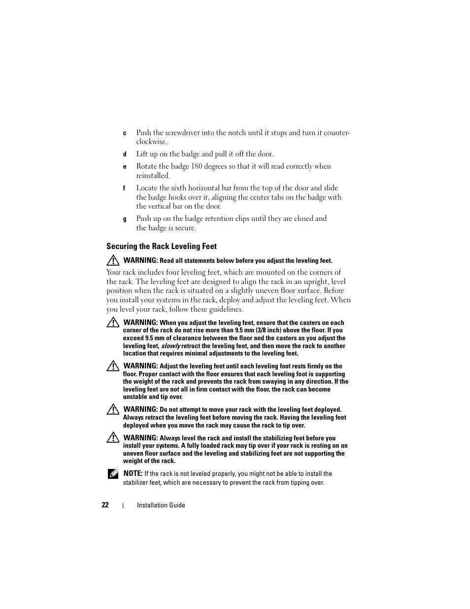 Securing the rack leveling feet | Dell PowerEdge 4220 User Manual | Page 24 / 190