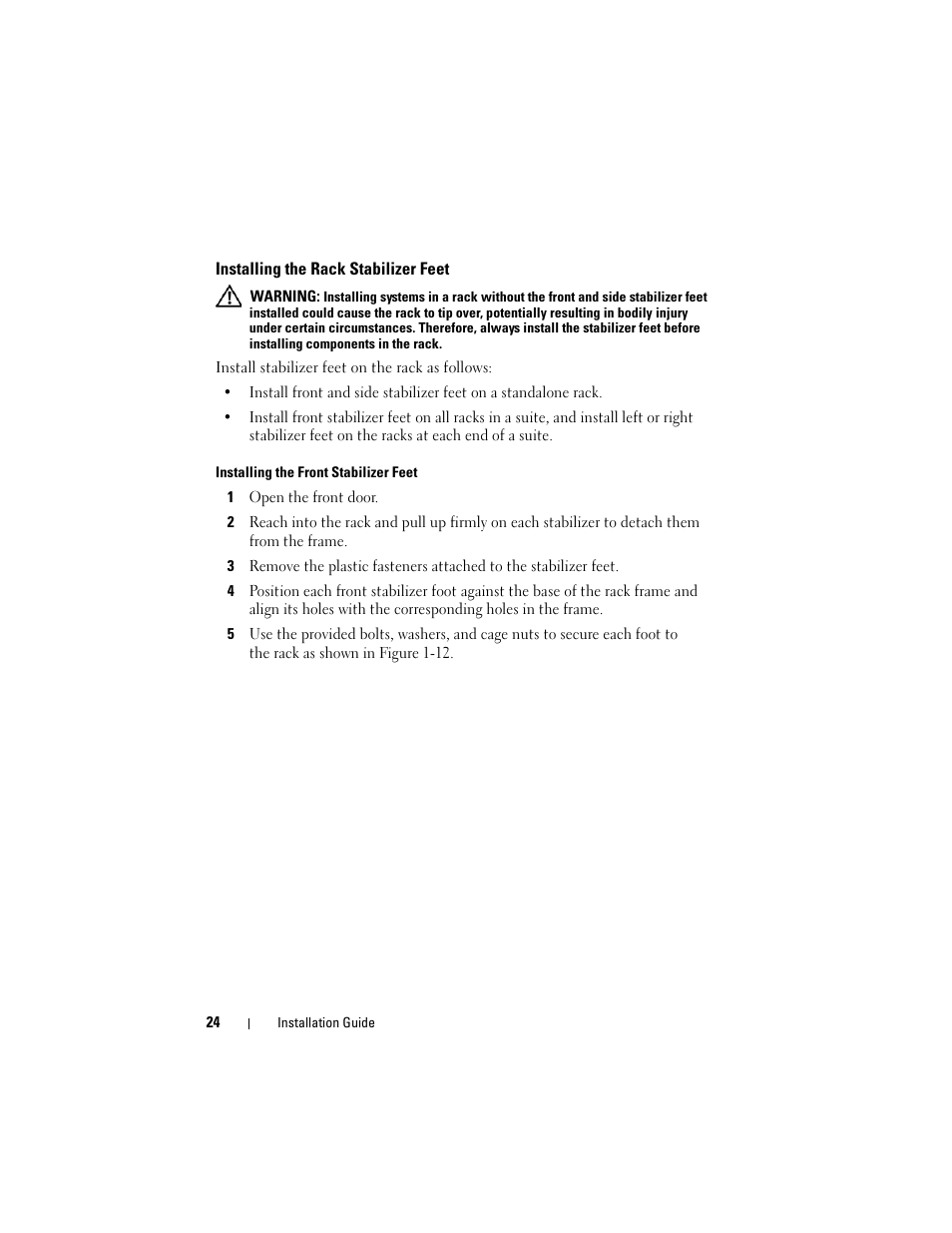 Installing the rack stabilizer feet | Dell PowerEdge 4220 User Manual | Page 26 / 190