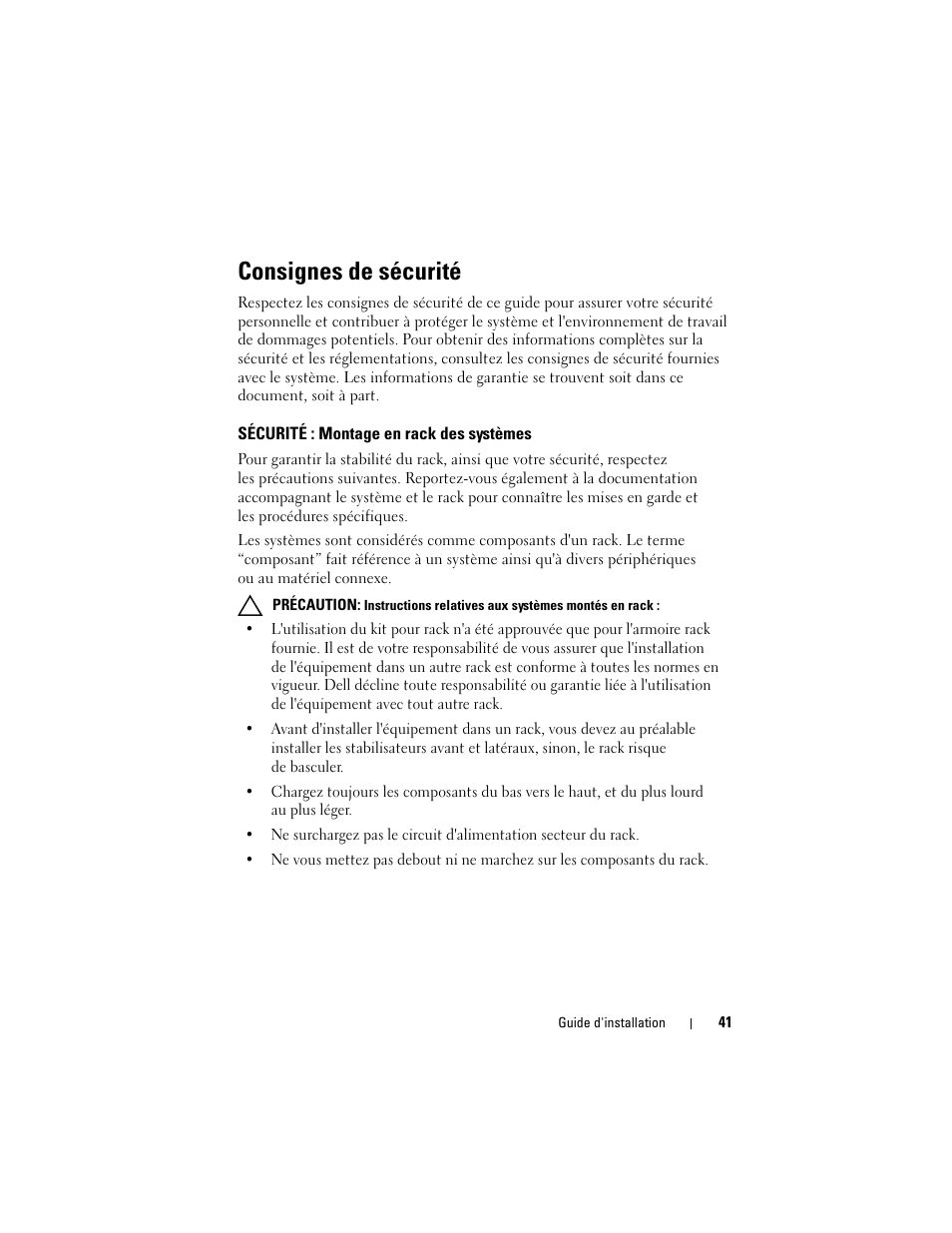 Consignes de sécurité, Sécurité : montage en rack des systèmes | Dell PowerEdge 4220 User Manual | Page 43 / 190