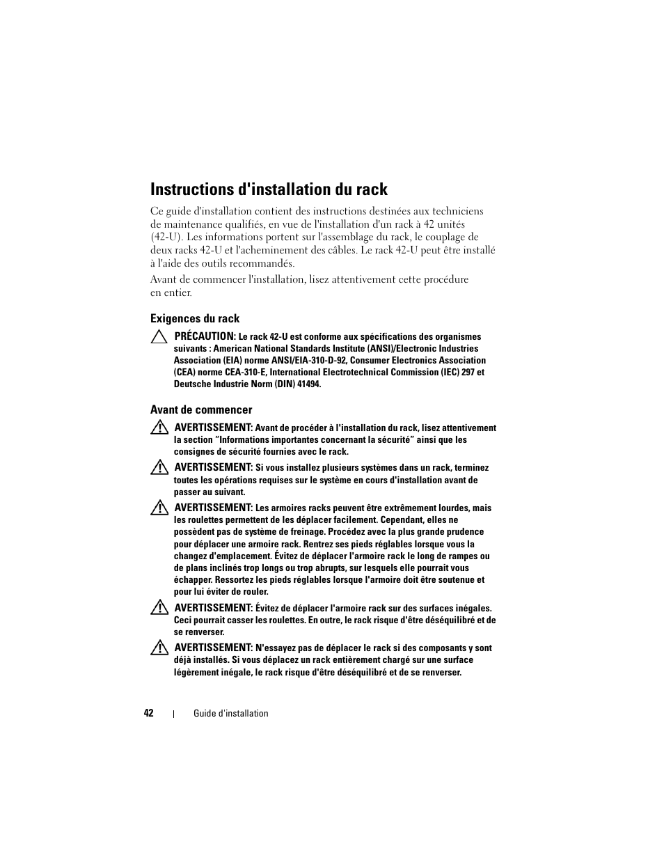 Instructions d'installation du rack, Exigences du rack, Avant de commencer | Dell PowerEdge 4220 User Manual | Page 44 / 190