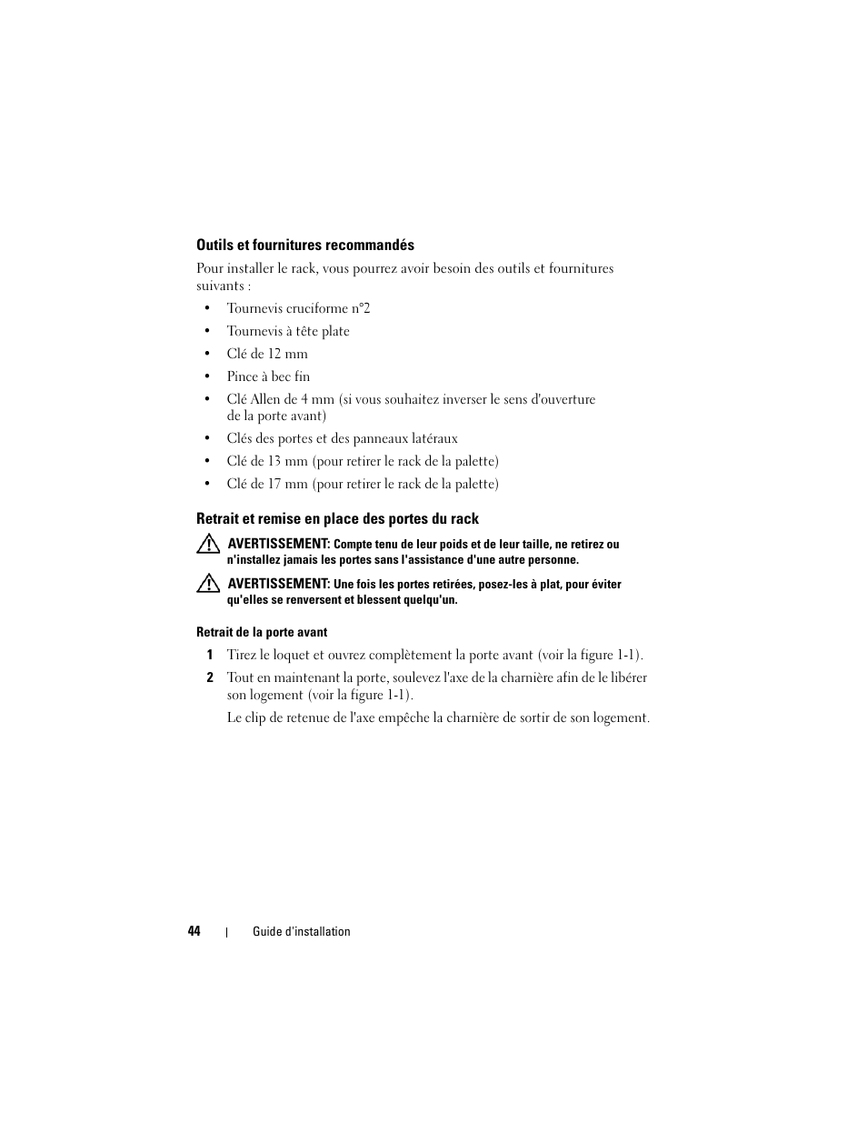 Outils et fournitures recommandés, Retrait et remise en place des portes du rack | Dell PowerEdge 4220 User Manual | Page 46 / 190