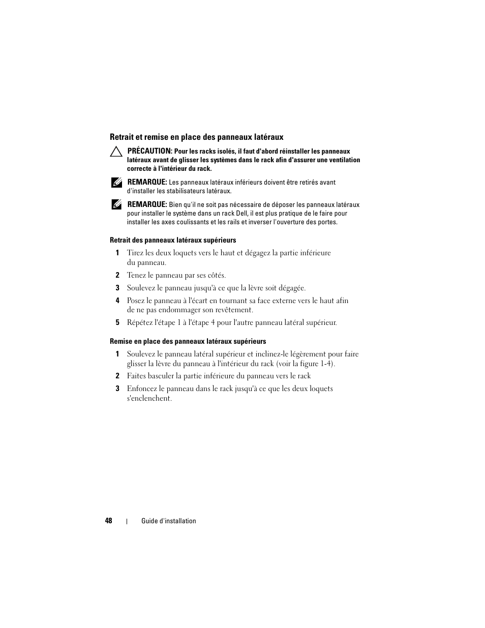 Retrait et remise en place des panneaux latéraux | Dell PowerEdge 4220 User Manual | Page 50 / 190