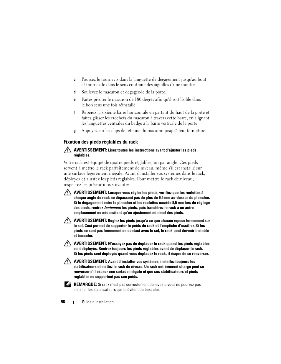 Fixation des pieds réglables du rack | Dell PowerEdge 4220 User Manual | Page 60 / 190