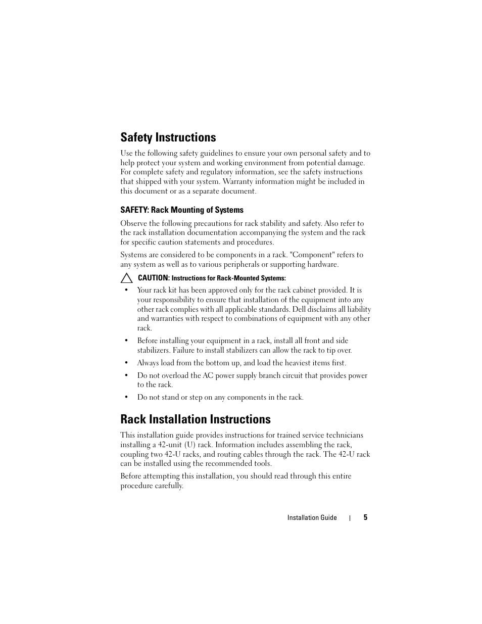 Safety instructions, Safety: rack mounting of systems, Rack installation instructions | Dell PowerEdge 4220 User Manual | Page 7 / 190