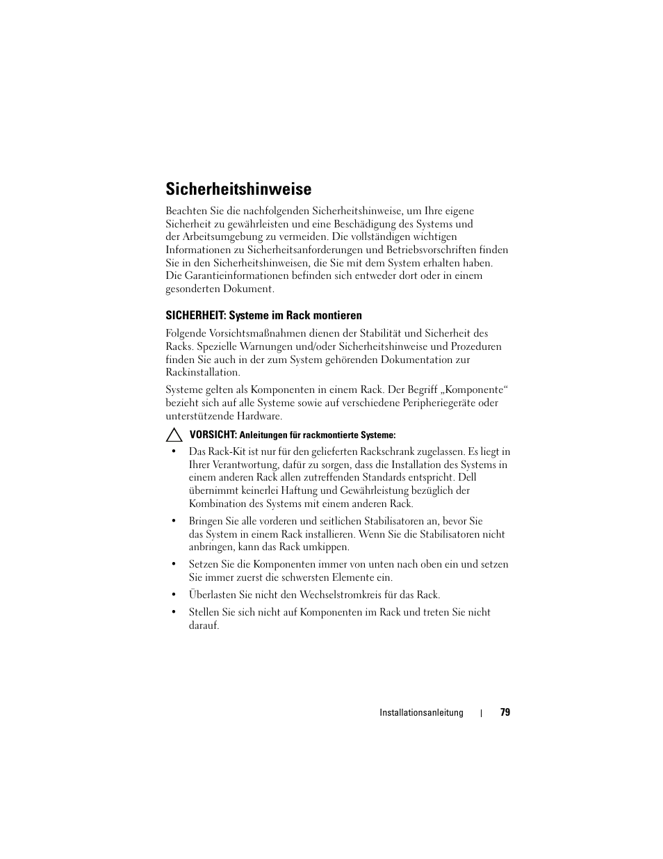 Sicherheitshinweise, Sicherheit: systeme im rack montieren | Dell PowerEdge 4220 User Manual | Page 81 / 190