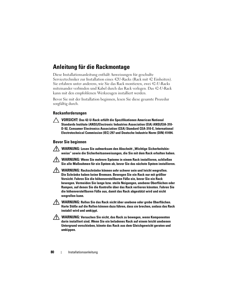 Anleitung für die rackmontage, Rackanforderungen, Bevor sie beginnen | Dell PowerEdge 4220 User Manual | Page 82 / 190