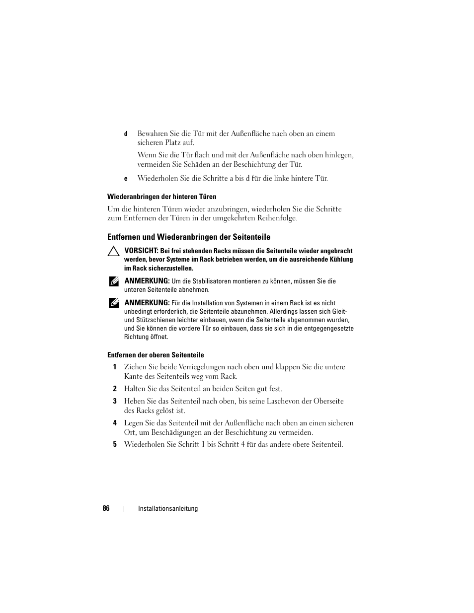Entfernen und wiederanbringen der seitenteile | Dell PowerEdge 4220 User Manual | Page 88 / 190