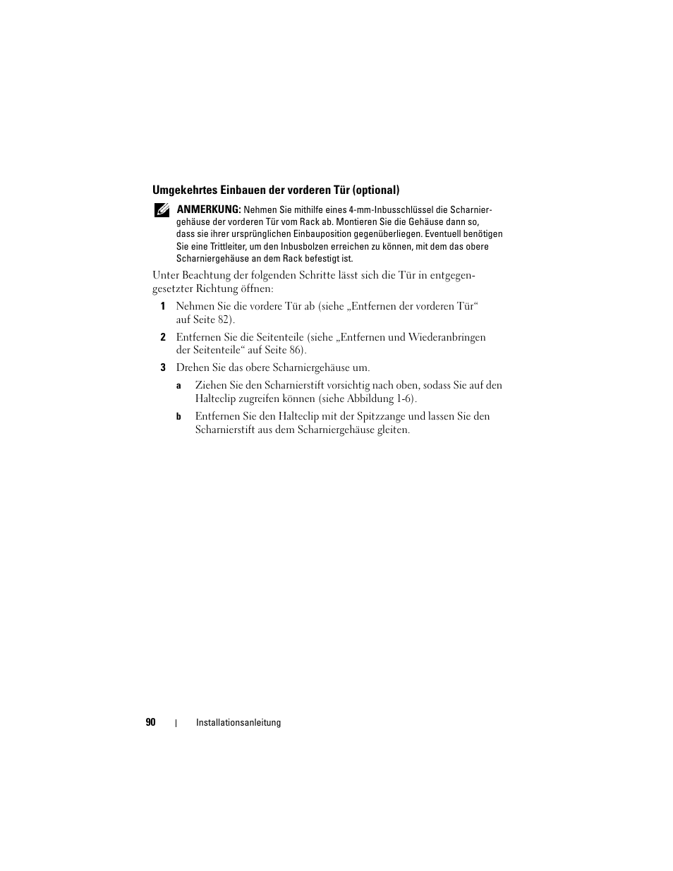 Umgekehrtes einbauen der vorderen tür (optional) | Dell PowerEdge 4220 User Manual | Page 92 / 190