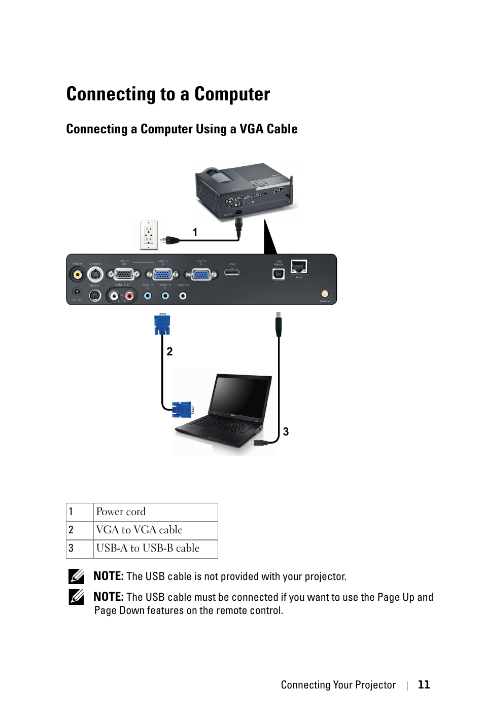 Connecting to a computer, Connecting a computer using a vga cable | Dell 4610X User Manual | Page 11 / 98