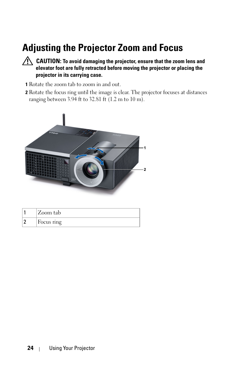 Adjusting the projector zoom and focus | Dell 4610X User Manual | Page 24 / 98