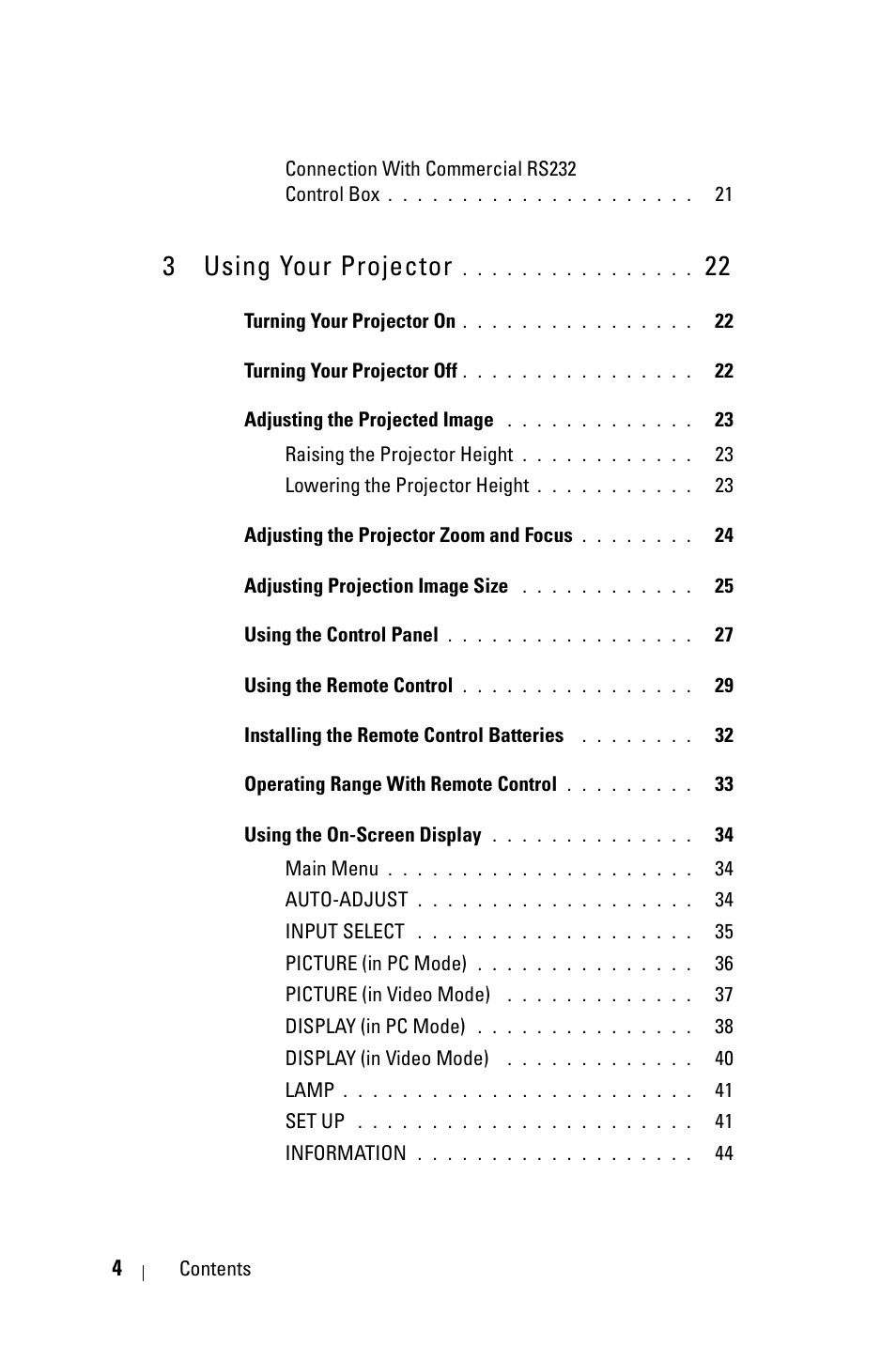 3 using your projector 22, 3 using your projector | Dell 4610X User Manual | Page 4 / 98