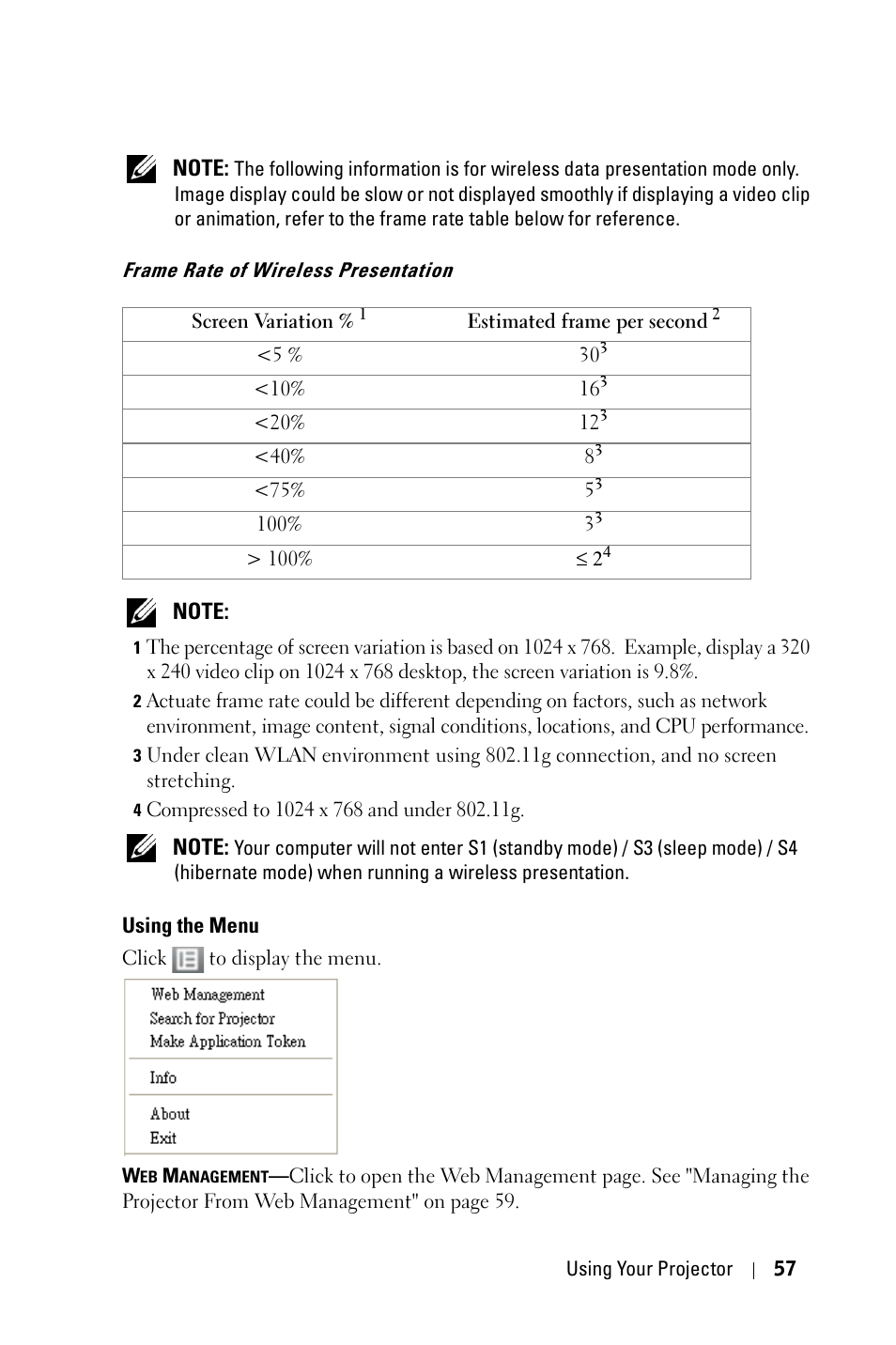 Frame rate of wireless presentation, Using the menu | Dell 4610X User Manual | Page 57 / 98