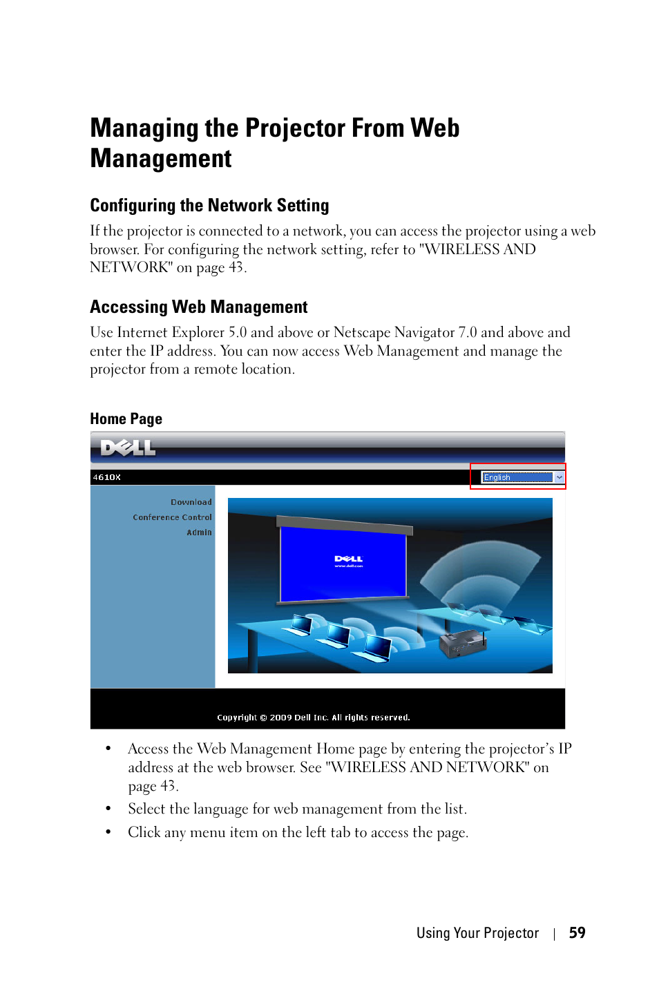 Managing the projector from web management, Configuring the network setting, Accessing web management | Dell 4610X User Manual | Page 59 / 98