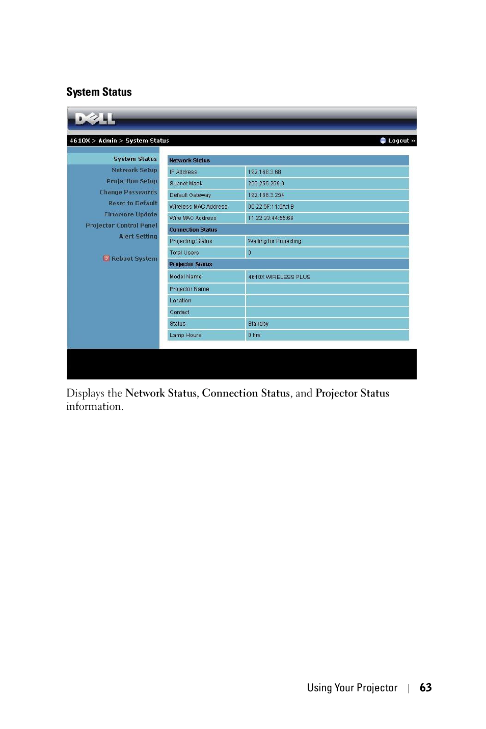 System status | Dell 4610X User Manual | Page 63 / 98