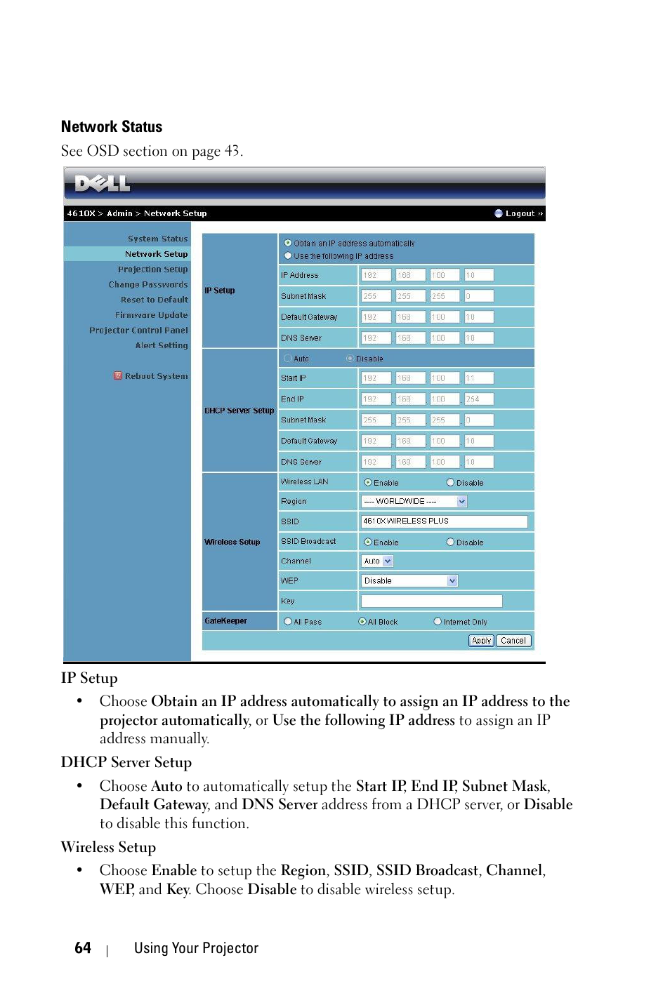 Network status | Dell 4610X User Manual | Page 64 / 98