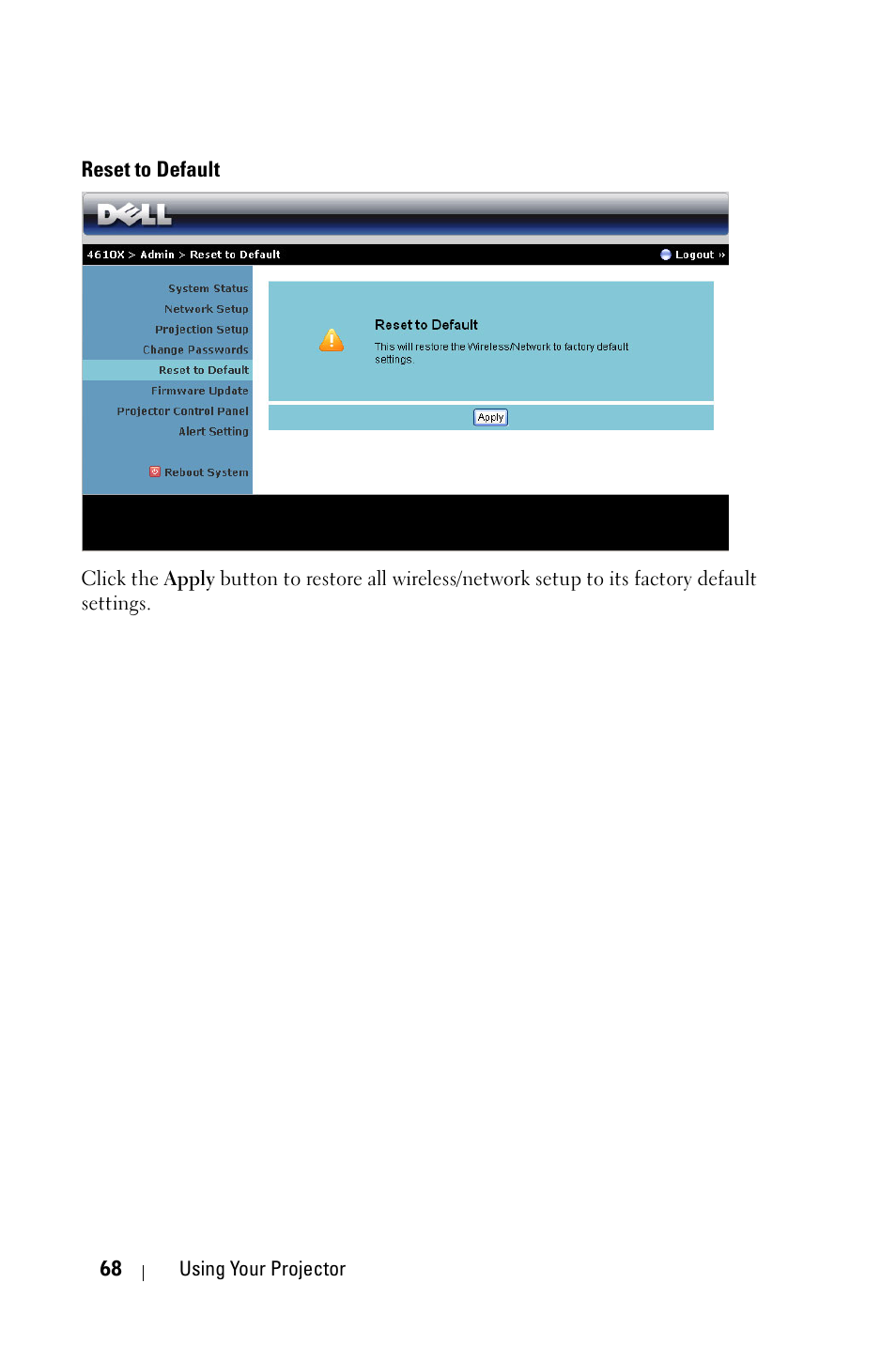 Reset to default | Dell 4610X User Manual | Page 68 / 98