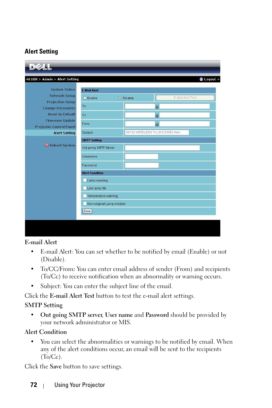 Alert setting | Dell 4610X User Manual | Page 72 / 98